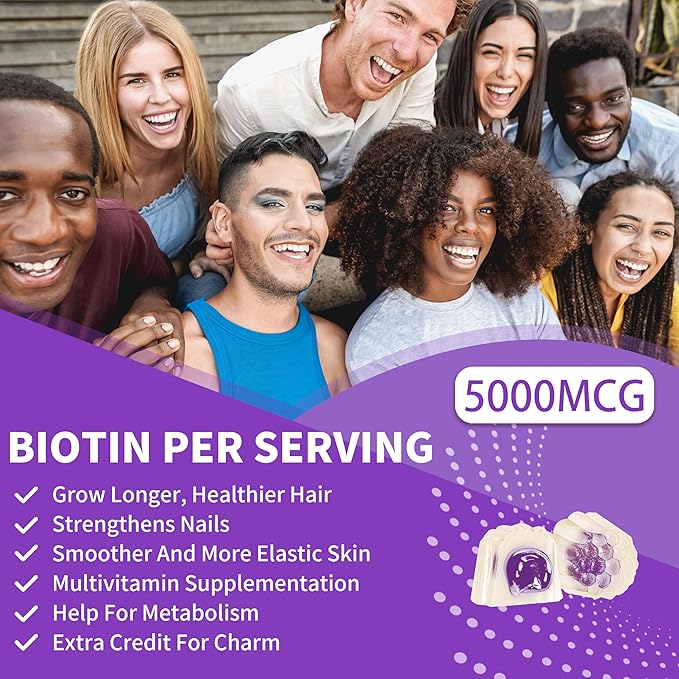Biotin Gummies for Hair Growth - Biotin Gummies for Strong Hair Nail Skin with Multivitamin Sugar Free Vegan Chewable Hair Growth Gummy for Women Men Kids Blueberry Flavored 30-Day Supply