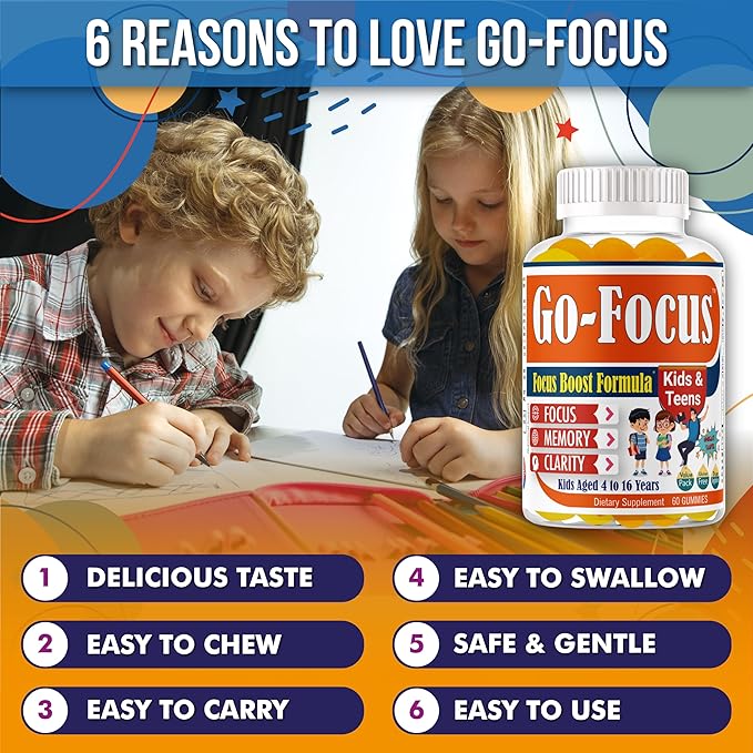 Brain Supplements for Memory and Focus, Omega 3 & DHA Focus Gummies for Kids, Memory Booster Focus Supplement for Kids & Teens- Low-Sugar, Natural Fruit Flavor 60 Gummies