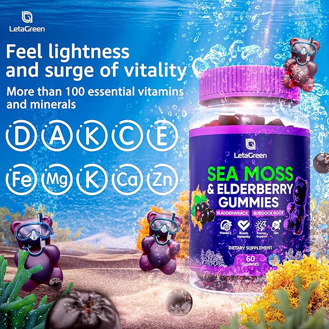 Irish Sea Moss and Black Seed Oil Gummies Bundle – 120 Vegan Gummies Bears - Elderberry for Kids & Adults - Nigella Sativa with Ashwagandha & Honey